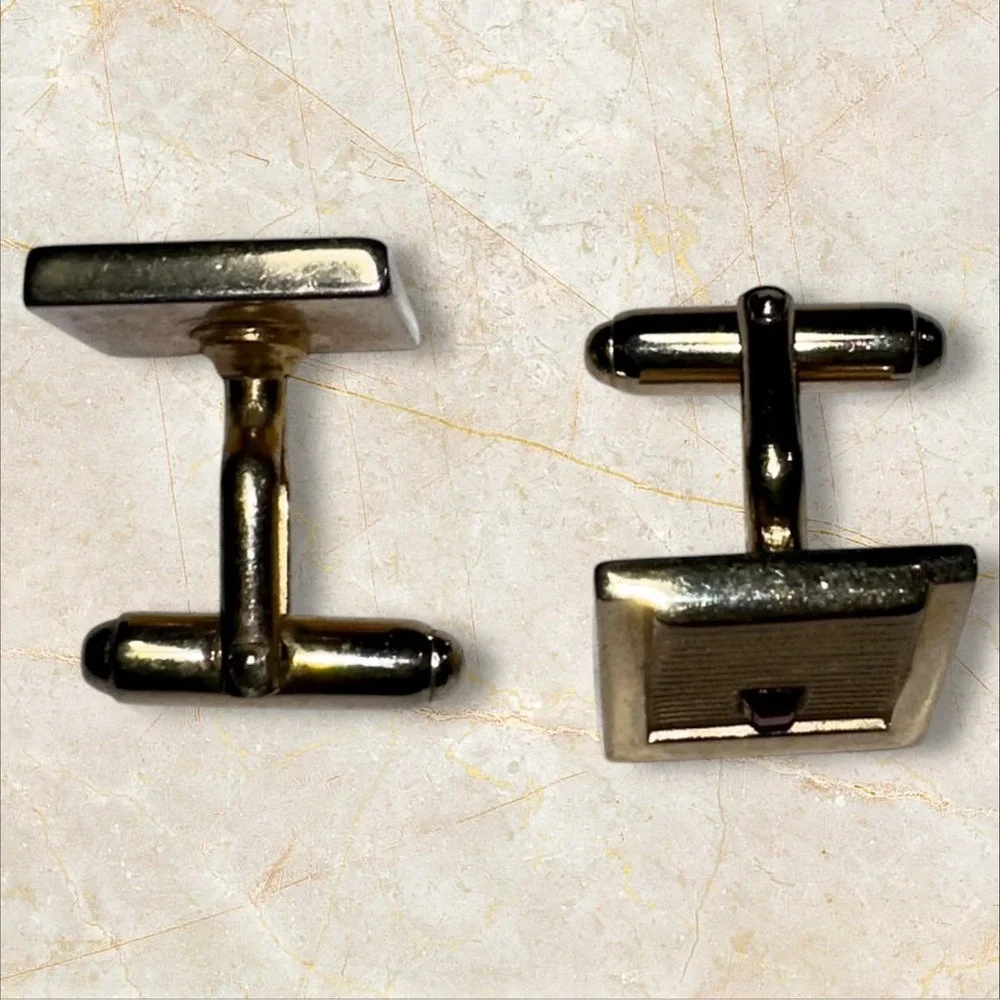 Vintage Anson Gold Tone and Red‎ Stone Square Textured Cuff Links